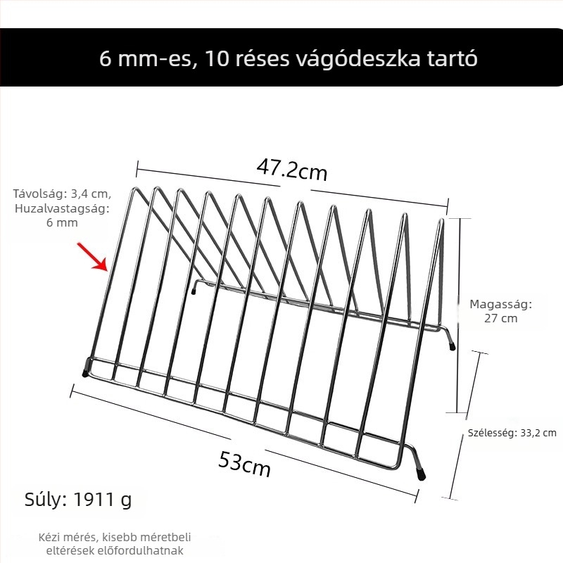Háromszög alakú vágódeszka tartó rozsdamentes acéldrót kerettel, leeresztő állvány műanyag vágódeszkákhoz; 6, 3, 4 és 10 rekesz.