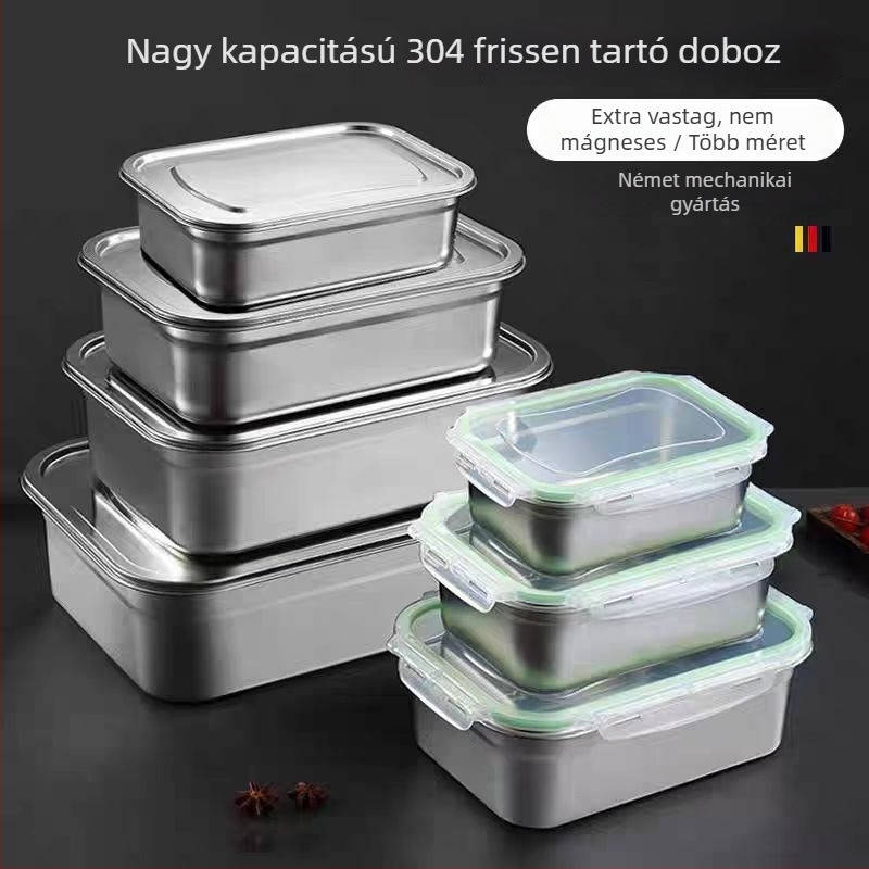 304 rozsdamentes acél élelmiszer-minőségű ebédes doboz, fedéllel, négyzetes alakú tároló
