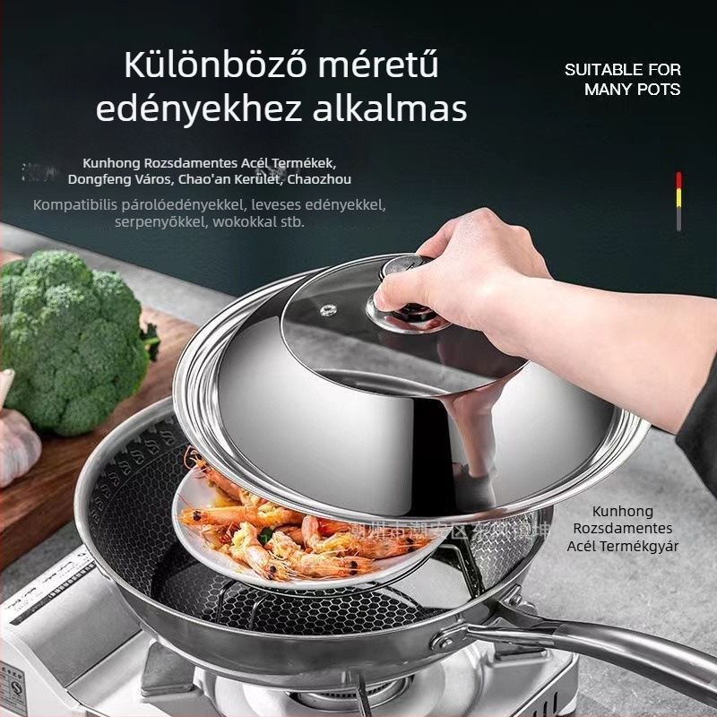 Rozsdamentes acélból készült fedő, állítható 28–42 cm, edényekhez és wokhoz; többsfunkciós főzőfedő