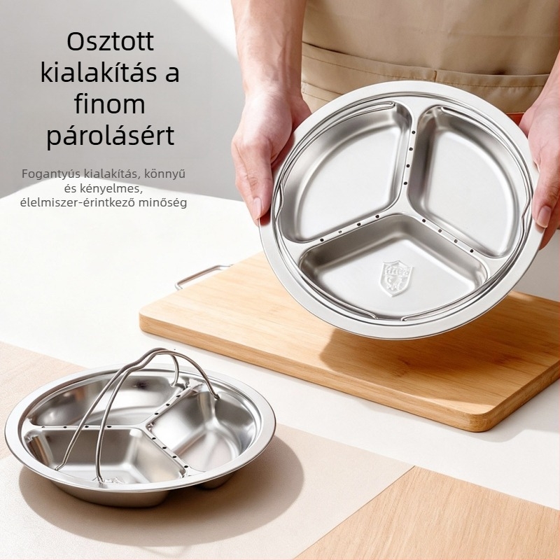 Élelmiszer-minőségű 304 rozsdamentes acélból készült háromrekeszes gőztálca, otthoni használatra, hordozható vízelválasztó gőzölő állvány, rizshez és zöldségekhez