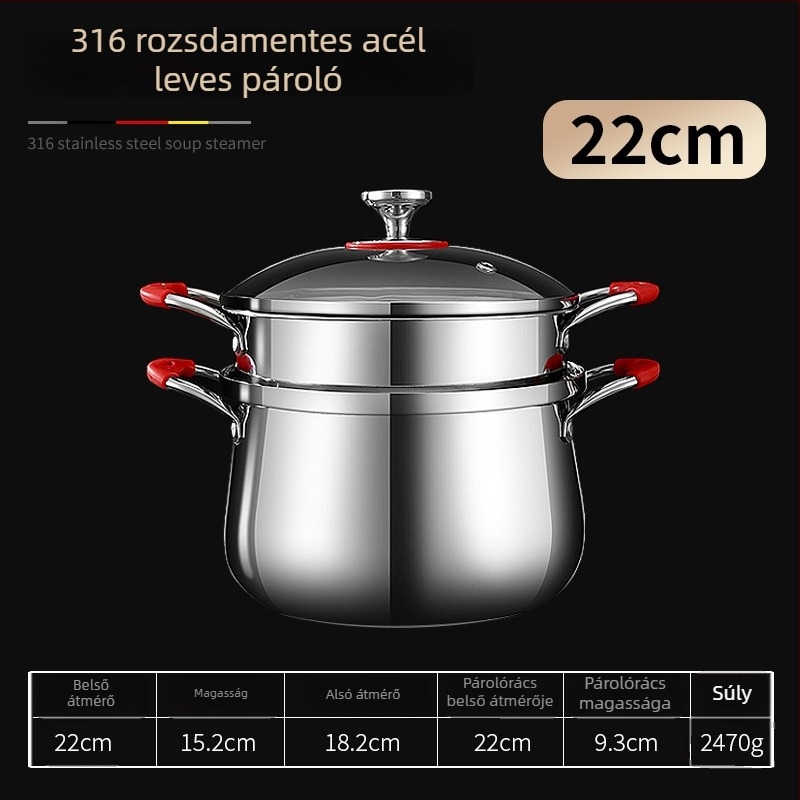 Koreai stílusú indukciós leveses fazék két fogantyúval és gőzítő betéttel, élelmiszerbiztonságú 304 rozsdamentes acélból