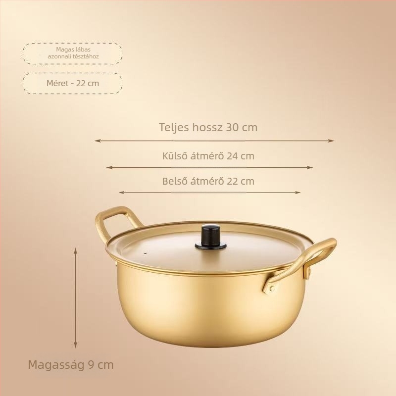 Koreai stílusú sárga alumínium fazék instant tésztákhoz, gyors felmelegítés, kettős fogantyúval és fedővel; ramen és leves, bibimbap és hideg ételek; kompakt mini fazék kollégiumhoz