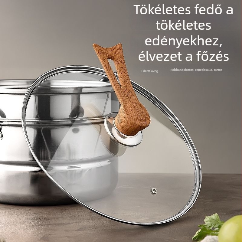 Átlátszó főzőfedő rozsdamentes acél fogantyúval és edzett üveggel, hőálló, univerzális modell