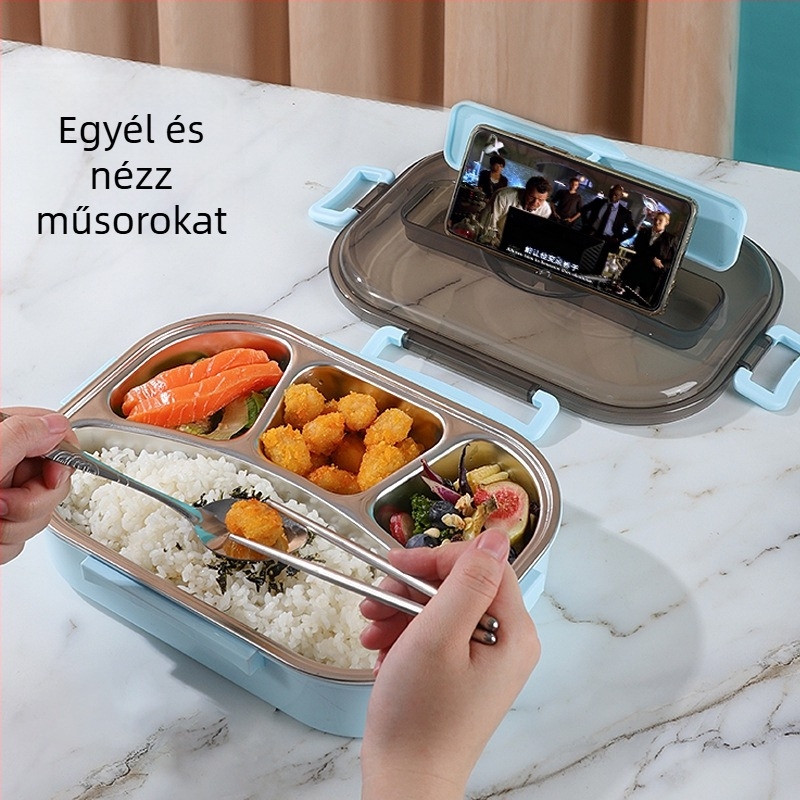 Diáknak szánt ebédes doboz, négyzetes rekeszekkel, japán stílusú hőszigetelt rozsdamentes acél doboz (304), mikrohullámú sütőben használható