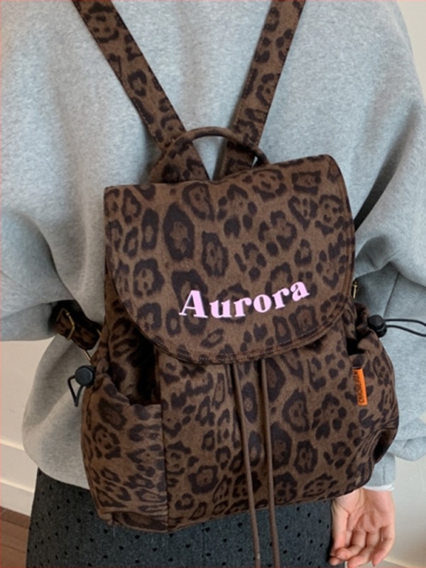 Női vászon hátizsák leopard mintával, retro stílus, zsinóros zárás, nagy kapacitás, 2025 őszi trend