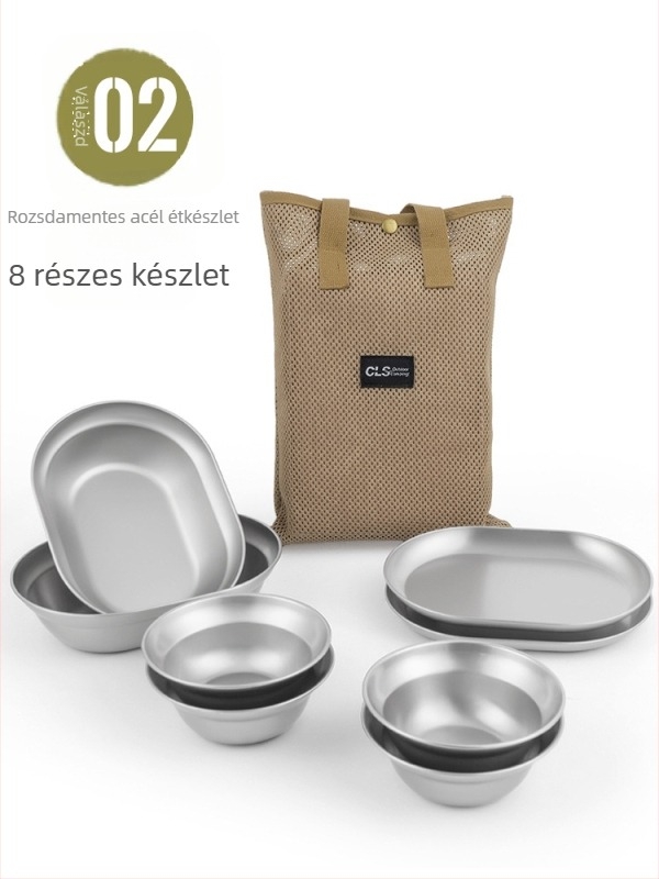 CLS 10 darabos étkészlet 304 rozsdamentes acélból kültéri használatra, kempingezéshez, hordozható, leveses tálak és kis tányérok
