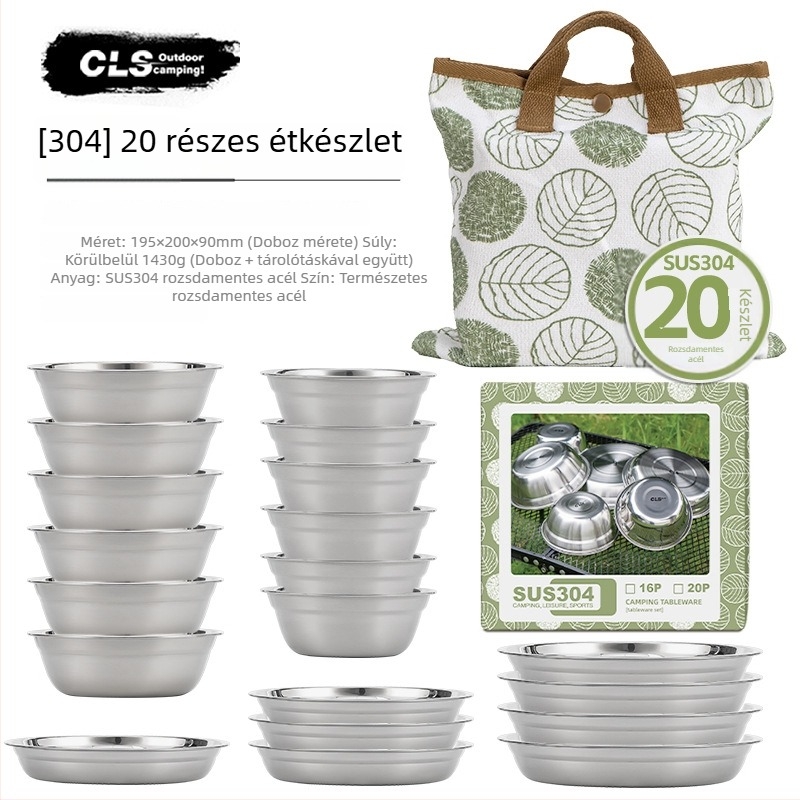 CLS 10 darabos étkészlet 304 rozsdamentes acélból kültéri használatra, kempingezéshez, hordozható, leveses tálak és kis tányérok