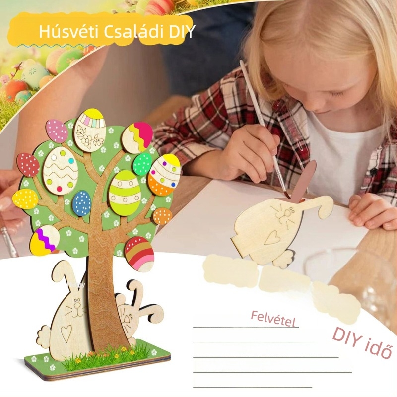 Fából készült húsvéti tojás díszek gyerekeknek – festett nyuszi motívumok
