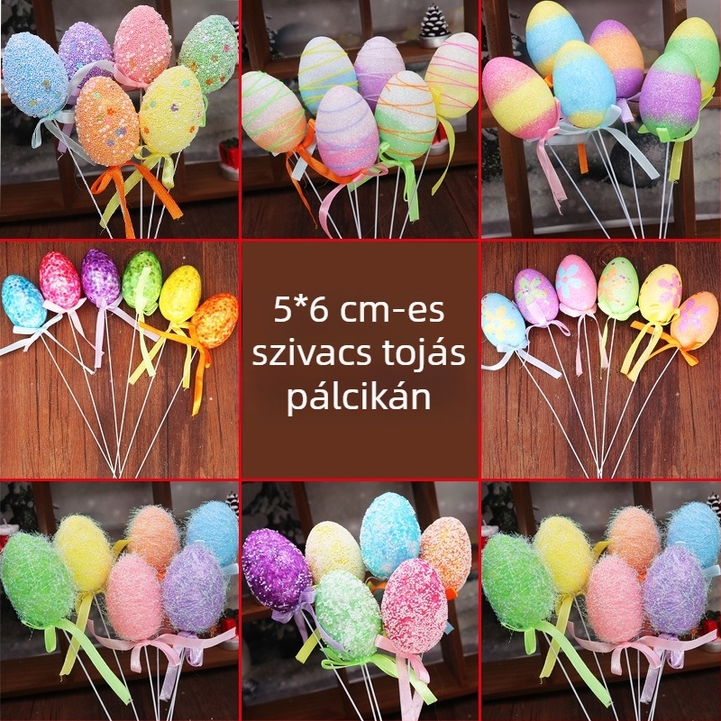 4×6 cm habból készült húsvéti tojás, flitterekkel, színes rajzfilm figura a pálcán