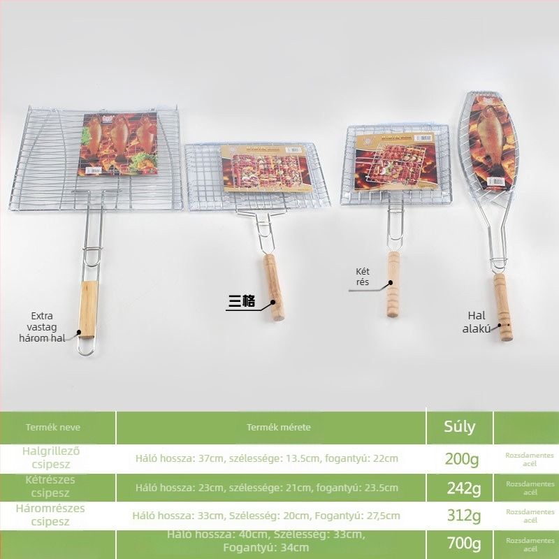 Rozsdamentes acél grillklip fogantyúval hal és hamburger grillezéséhez