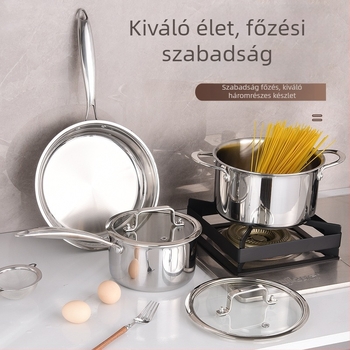 Háromrétegű 304-es rozsdamentes acélból készült edénykészlet – tejfőző, leveses fazék és serpenyő üvegfedőkkel, fényes felület, többszörös alj, otthoni használatra