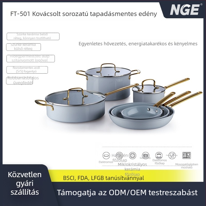 Szürke kerámia FT-501 kovácsolt sorozatú, tapadásmentes konyhai készlet, 9 darab, minden tűzhelyhez