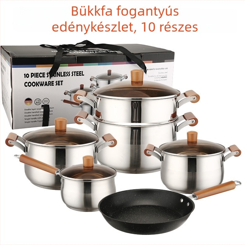 Hat darabos edénykészlet vastag rozsdamentes acélból bükkfa fogantyúkkal, nagy kapacitású, tartalmaz tejfőző és leveses edényt