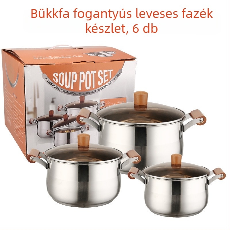 Hat darabos edénykészlet vastag rozsdamentes acélból bükkfa fogantyúkkal, nagy kapacitású, tartalmaz tejfőző és leveses edényt