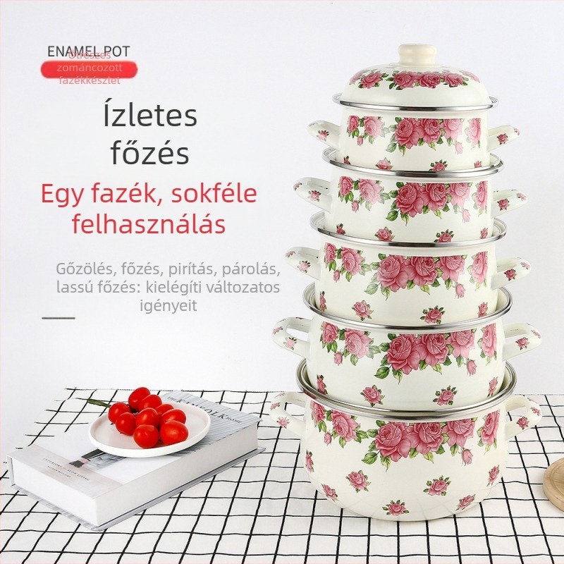 Öt darabos zománcozott edénykészlet, 18–26 cm, üvegfedőkkel, kétfülű lábas
