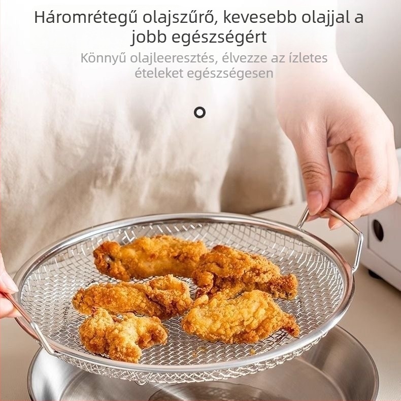 Rozsdamentes acélból készült kör alakú grillsütő serpenyő olajszűrővel és lefolyó tálcával otthoni használatra