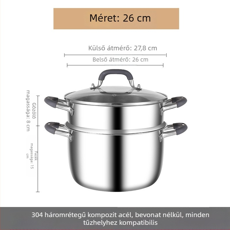 304 rozsdamentes acélból készült háromrétegű leveses fazék fedővel és gőzölő rácsos, többfunkciós, két füllel