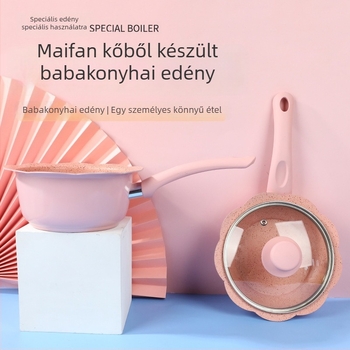 Babaételhez készült konyhai készlet: kis tejfőző fazék és serpenyő, tapadásmentes bevonattal