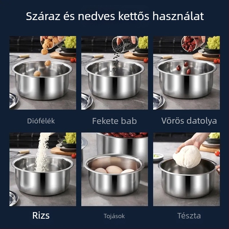 Rozsdamentes acélból készült edénykészlet, öt darabos, fedőkkel; tartalmaz thai stílusú fazekat és indiai fazekat
