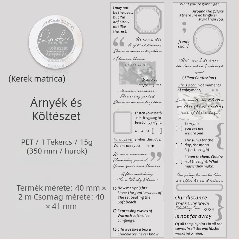 Ketchup lány PET szalag, Árnyék és költészet sorozat, 6 áttetsző angol témájú DIY matricák