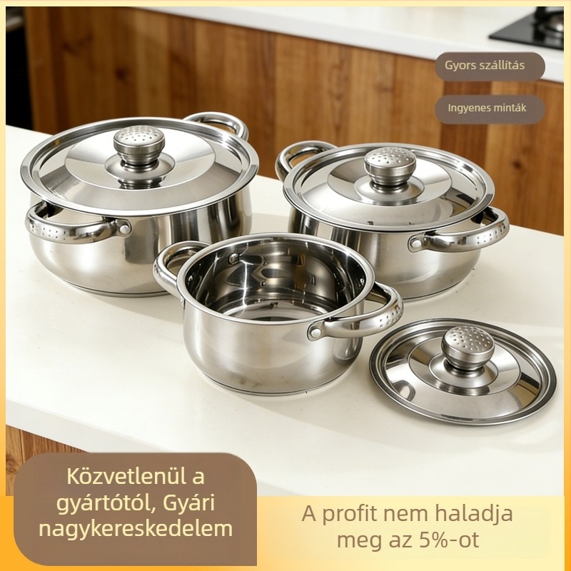 Rozsdamentes acél edénykészlet levesfazékkal és konyhai eszközökkel, 3 darabos, vastag alj, háztartási használatra