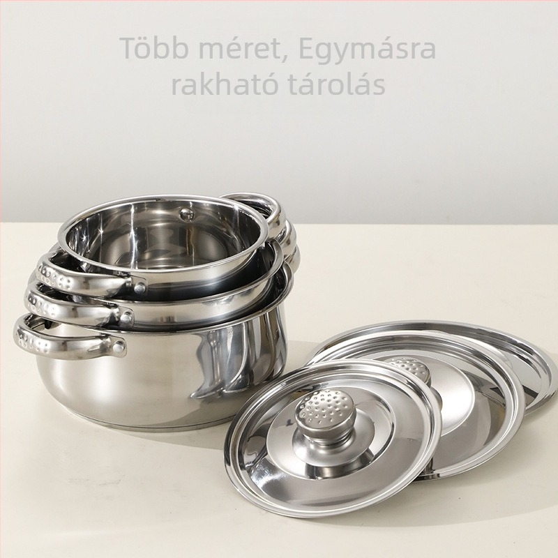 Rozsdamentes acél edénykészlet levesfazékkal és konyhai eszközökkel, 3 darabos, vastag alj, háztartási használatra