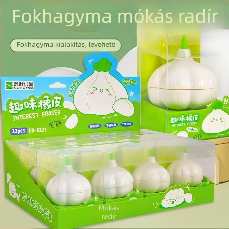 Fokhagyma alakú radír – gyerekeknek, kreatív stresszoldás, morzsamentes, tiszta törlés
