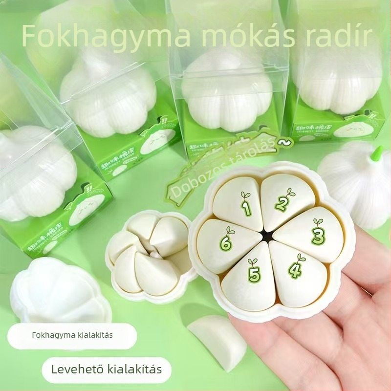 Fokhagyma alakú radír – gyerekeknek, kreatív stresszoldás, morzsamentes, tiszta törlés