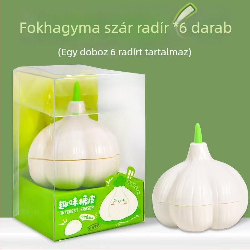 Fokhagyma alakú radír – gyerekeknek, kreatív stresszoldás, morzsamentes, tiszta törlés