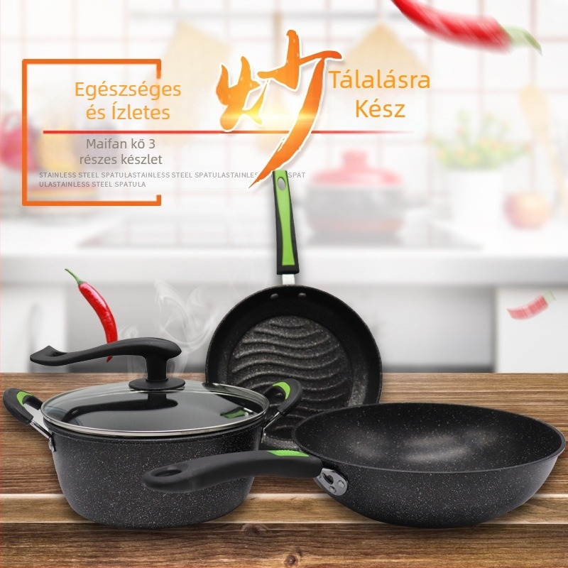 Romani Maifan kőból készült 3 darabos edénykészlet – megerősített kivitel, tapadásmentes, otthoni használatra
