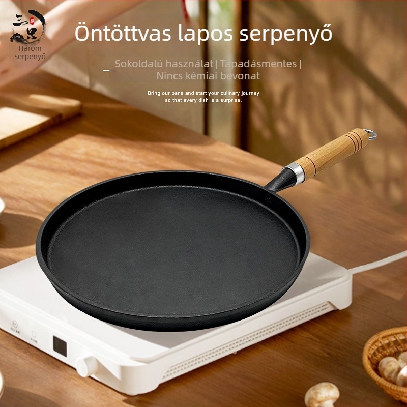 Öntöttvas serpenyő fabont nyelű, bevonat nélküli, vastagodott palacsinta- és lepényserpenyő, 26 cm