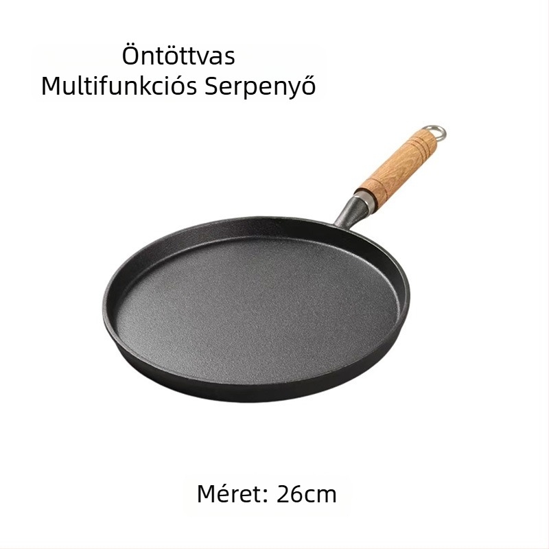 Személyre szabott öntöttvas palacsinta serpenyő, bevonat nélküli, tapadásmentes, indukciós főzőfelülethez, 20/23/26 cm átmérő, fa nyél