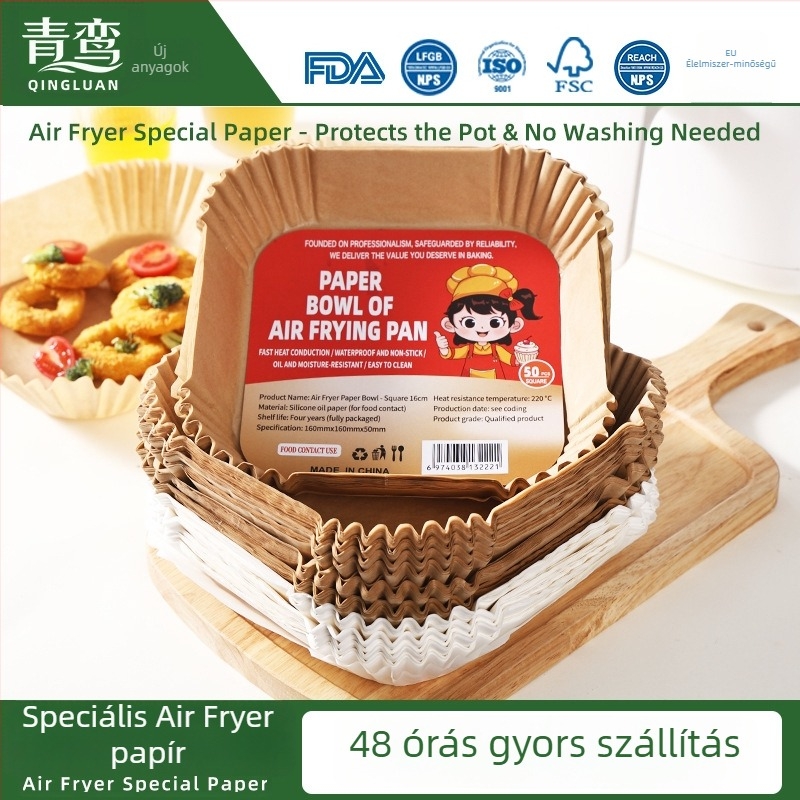 Sütőpapír az air fryer-hez BBQ matraccal, vastag élelmiszeripari szilikon-olajos papír, sütéshez, olajfelszívó és olajelválasztó papír