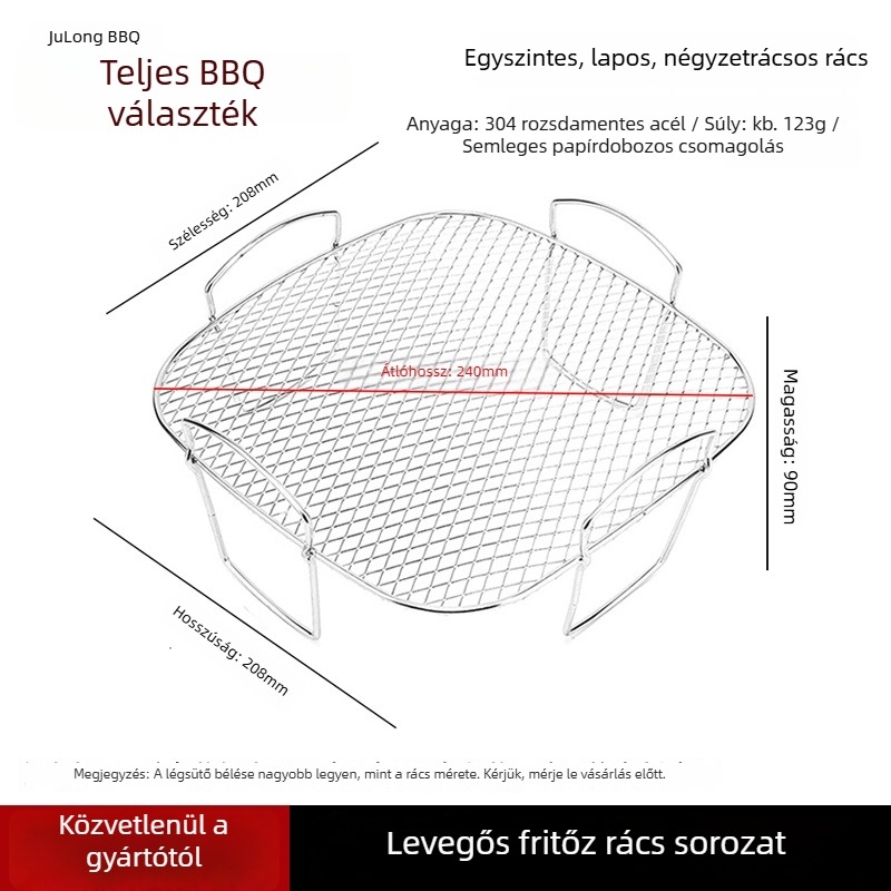 304 rozsdamentes acél, négy lábú négyszögletes rács fritőz és sütő számára, olajlevezető hálóval
