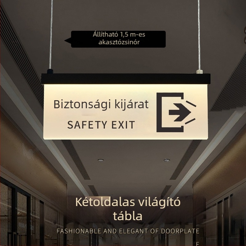 Bevásárlóközponti világító jelzőtáblák a biztonságos útvonalhoz: mosdó, kilépés, lift útmutató, ajtó- és helyiségszám táblák