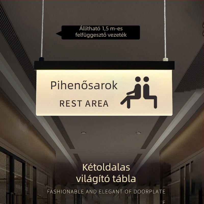 Bevásárlóközponti világító jelzőtáblák a biztonságos útvonalhoz: mosdó, kilépés, lift útmutató, ajtó- és helyiségszám táblák
