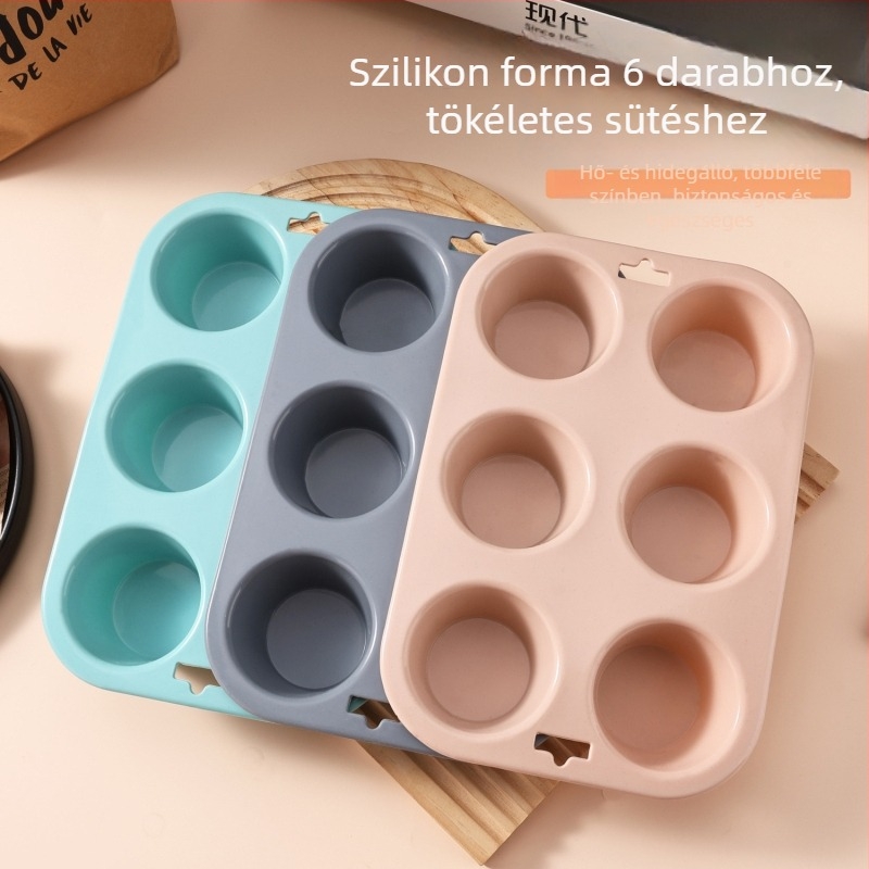 Szilikon süteményforma, 6 darab kerek muffinformával, sütőedény, 24×16×4 cm, három szín