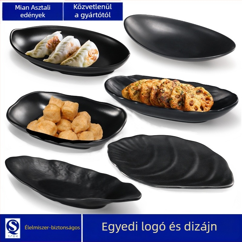 A5 melamintányér forró pothoz és grillhez, téglalap alakú, fekete, műanyag porcelán-imitáció, kereskedelmi használatra
