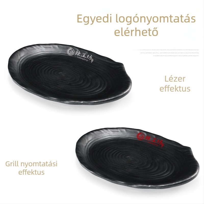A5 melamintányér forró pothoz és grillhez, téglalap alakú, fekete, műanyag porcelán-imitáció, kereskedelmi használatra