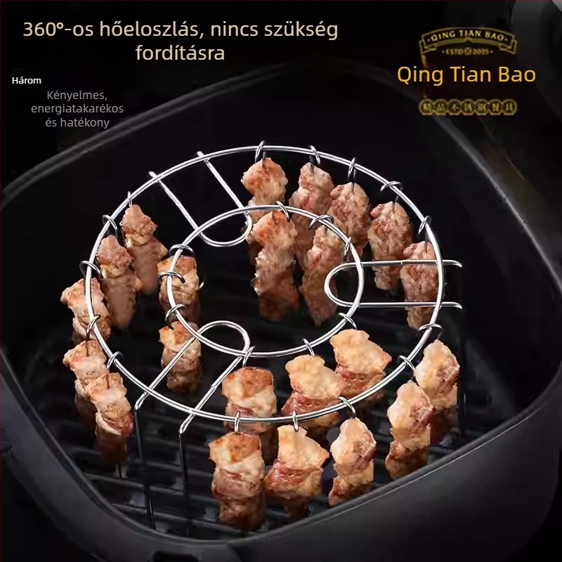 Rozsdamentes acélból készített air fryer grill nyárs tartó, két szintes, multifunkcionális konyhai eszköz
