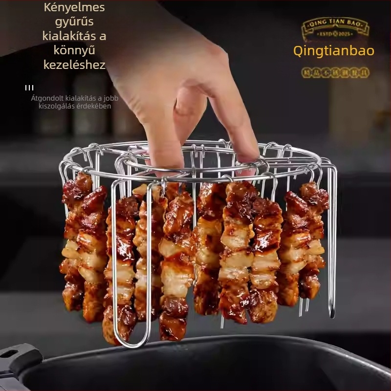 Rozsdamentes acélból készített air fryer grill nyárs tartó, két szintes, multifunkcionális konyhai eszköz