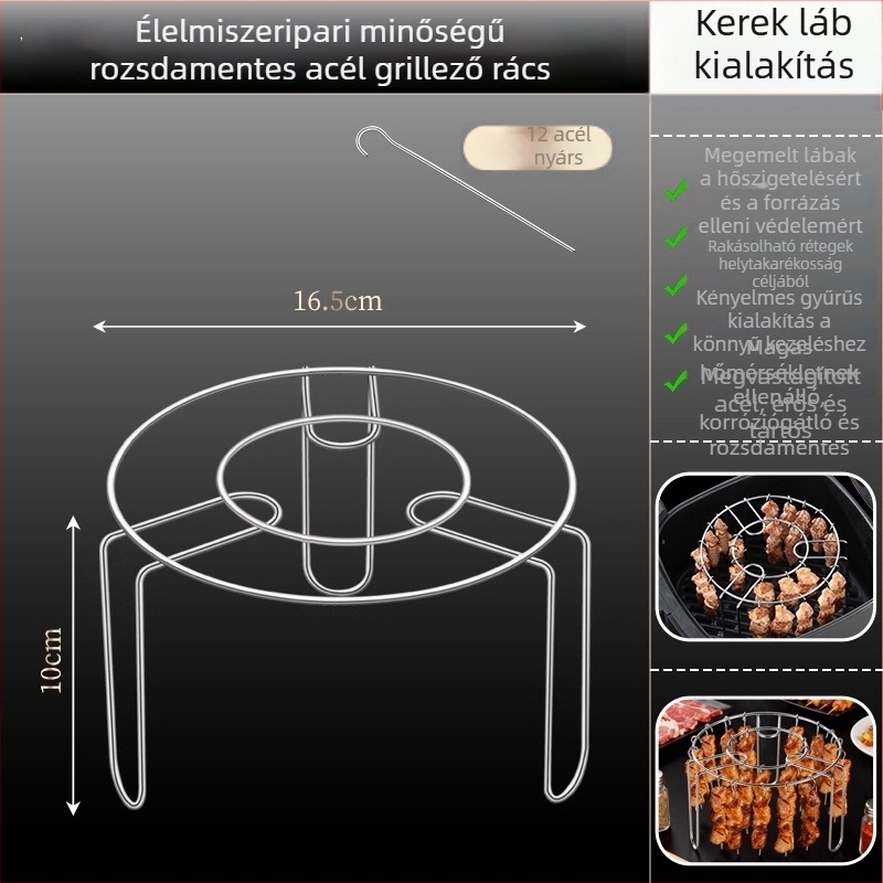 Rozsdamentes acélból készített air fryer grill nyárs tartó, két szintes, multifunkcionális konyhai eszköz