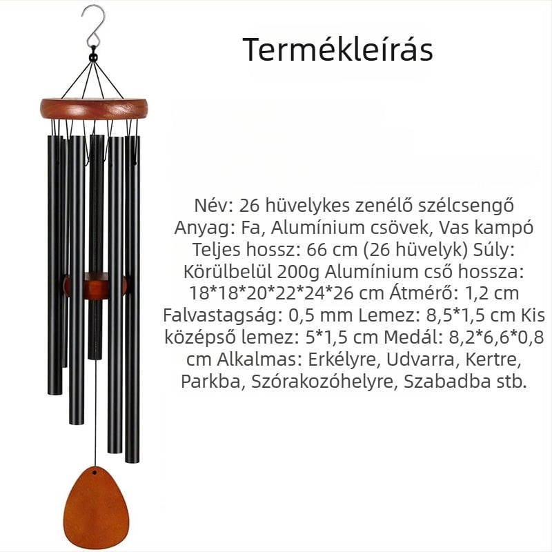 Fém szélcsengő, 45 hüvelykes, fekete, emlék- és zenés dekoráció otthonra