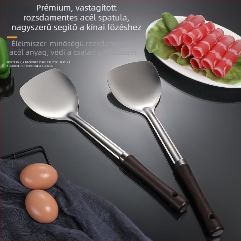 201-es rozsdamentes acél spatula, fa nyéllel, vastagodott kivitel, égésvédelmes