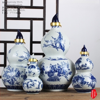 Kék-fehér porcelán tök alakú borosüveg zodiákus motívumokkal, retro stílusú dekoratív záró kiegészítő