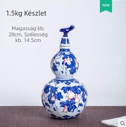 Kék-fehér porcelán tök alakú borosüveg zodiákus motívumokkal, retro stílusú dekoratív záró kiegészítő