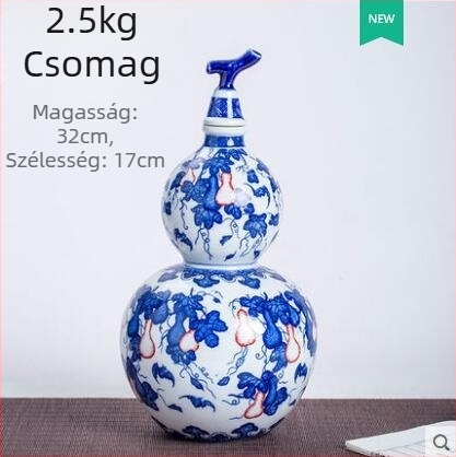Kék-fehér porcelán tök alakú borosüveg zodiákus motívumokkal, retro stílusú dekoratív záró kiegészítő