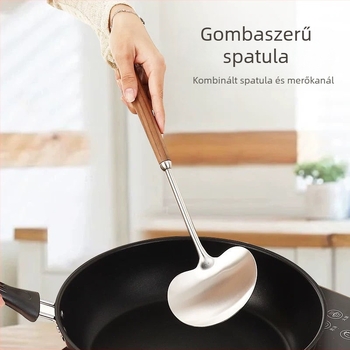 Gombás spatula 316 rozsdamentes acélból, élelmiszer-minőségű konyhai spatula fából készült nyéllel, vastagított sütőkanál