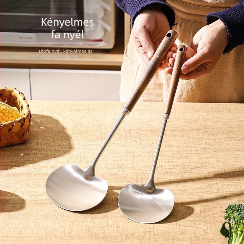 Gombás spatula 316 rozsdamentes acélból, élelmiszer-minőségű konyhai spatula fából készült nyéllel, vastagított sütőkanál
