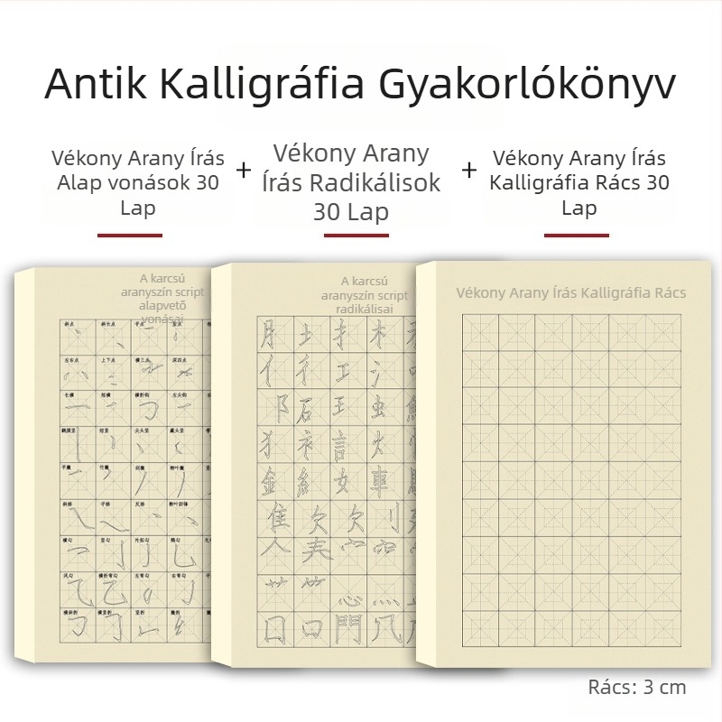 Kezdőknek szóló ecsetkaligráfia gyakorlófüzet Slim Gold Script stílusban: vonások, radikális részek és ecsetvonások kontrollja